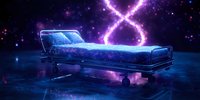 Glowing hospital bed with luminous DNA strand hovering above in dark cosmic environment. Futuristic medical concept with ethereal blue and purple lighting effects.