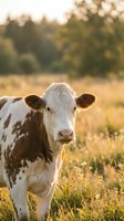 Young Holstein dairy calf standing in golden sunset pasture field with warm backlight creating peaceful rural farm scene for agriculture and livestock content.
