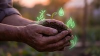 Hands holding soil with sprouting seedling and glowing water droplet icons, representing sustainable agriculture, environmental conservation, and eco-friendly farming practices for green business concepts.