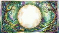 Enchanted forest frame with glowing circle, magical trees, mushrooms, and fairies, watercolor fantasy art for greeting cards and invitations.