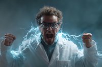 Excited scientist in lab coat with glasses shouting triumphantly as electric lightning surrounds him against dark background, conveying breakthrough discovery moment.