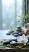 Spa wellness composition with white orchid flower, smooth stones, moss, rolled towel and bamboo plant on wooden surface near window for relaxation and meditation themes.