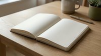 Open blank notebook with empty white pages on wooden desk with coffee mug and plant pot in soft natural lighting for writing and planning.