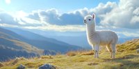 White alpaca standing on mountain ridge against dramatic sky and mountain landscape. Sunlit grass and majestic clouds create serene wilderness scene.