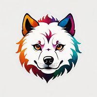 Stylized white wolf head with rainbow-colored gradient mane and piercing eyes on light background, ready for logo, mascot or brand design applications.