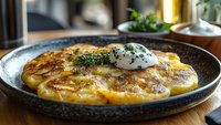 Golden potato pancakes topped with sour cream and fresh herbs served on rustic ceramic plate, close up view of traditional comfort food with crispy edges.