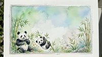 Watercolor pandas playing among bamboo and wildflowers, soft green background with copy space, nursery art style, nature scene.
