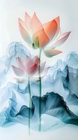 Delicate lotus flowers with translucent coral and turquoise petals rise above misty blue leaves in ethereal artistic style, creating serene oriental atmosphere.