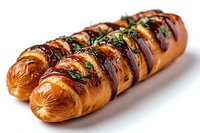 Fresh baked golden brown braided bread loaf with herbs and garlic glaze on white background, close up view showing detailed texture and shine.
