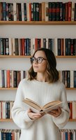Young woman with long brunette hair and glasses wearing cream ribbed sweater reading open book in front of wooden shelves filled with colorful books. Use for education, literacy, library, reading, knowledge, learning concepts.