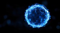 Glowing blue energy sphere with network connections and light particles on dark background, abstract technological concept for artificial intelligence and data networks.