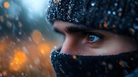 Close-up of intense blue eyes peering through dark winter accessories against blurred bokeh lights and snowfall, creating mysterious atmospheric portrait.
