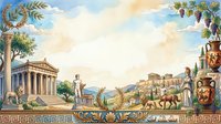 Ancient Greek civilization landscape with Parthenon temple, classical architecture, olive trees, amphoras and Mediterranean scenery for educational content.