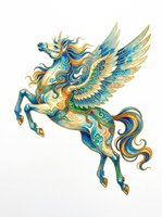 Ornate winged horse with blue and gold decorative patterns, isolated on transparent background, ready for t-shirt design, stickers, clipart, and print on demand.