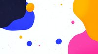 Vibrant abstract composition with organic shapes in blue, orange, and pink on white background, featuring scattered dots and fluid forms. Modern minimalist design.