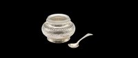 Silver ornate sugar bowl with small spoon, intricate filigree pattern, isolated on transparent background, ready for stickers, print on demand, and T-shirt design use.