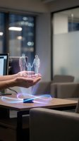 Hand holding holographic family figures with glowing light effects in modern office environment for insurance and protection concepts.
