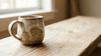 Rustic ceramic mug with textured glaze sitting on wooden table near window, perfect for beverage, coffee, tea, and home decor designs.