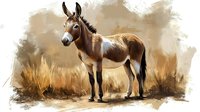 Brown and white donkey standing in dry grassland against artistic watercolor background, rural farm animal portrait in warm earth tones and soft brushstrokes.