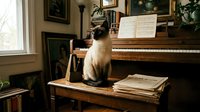 Fluffy cat with brown and white fur sitting on wooden bench near grand piano in vintage music room with sheet music and classical decor.