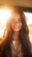 Young woman with freckles and long dark hair smiling at sunset, wearing boho style dress and dreamcatcher necklace. Natural golden sunlight creates warm atmospheric glow.