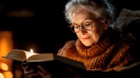 Senior Caucasian woman in glasses and brown sweater reading book by candlelight, creating cozy atmospheric evening moment with warm lighting and peaceful expression.