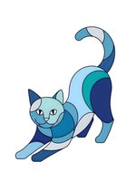 Stylized cat stretching in playful pose with geometric blue and teal color blocks on white background isolated for graphic design and pet-themed projects.