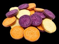 Colorful sliced sweet potatoes in orange, purple, and white, isolated on transparent background. Great for food clipart, stickers, t-shirt design, and print on demand.