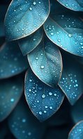 Fresh water drops on turquoise blue leaves create magical natural pattern in dark moody garden setting, macro photography with shallow depth of field.