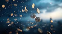 Golden and silver cryptocurrency coins floating in dark blue sky with bokeh lights and magical sparkles against cloudy background. Digital finance concept.