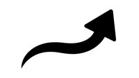 Black curved arrow pointing upward and right on white background, isolated graphic element for business growth, success, direction and progress concepts.