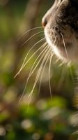 Close-up of cat whiskers with blurred green background, showing detailed facial features and sensory hairs for pet and animal photography projects.
