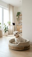 Light-filled home office with cream-colored dog resting in wooden pet bed, potted plants, natural curtains, and minimalist Scandinavian decor for interior design projects.
