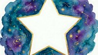 Watercolor galaxy star frame with cosmic nebula background and golden constellation elements for celestial themed designs and space artwork projects.