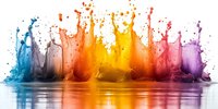 Colorful liquid splashes in rainbow sequence with reflection on white surface, dynamic paint drops collision creating vibrant crown formations and ripples.