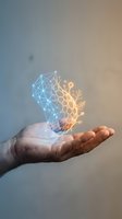 Human hand holding glowing digital tree and geometric network symbols representing technology innovation and sustainable growth concepts.