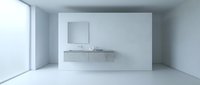 Modern minimalist bathroom interior with floating white vanity and mirror in clean contemporary space with natural light from large window.