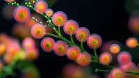 Glowing fantasy plant with vibrant orange and pink spherical flowers on dark background. Magical botanical art with luminescent orbs and delicate stems.