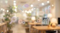 Digital marketing strategy icons floating over blurred office workspace with bokeh lights, representing business analytics, growth charts, and communication tools for corporate planning.