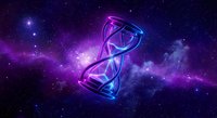 Glowing DNA double helix structure floating in cosmic space with purple nebula and stars background for science and genetics concepts.