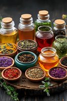 Assorted herbal tea ingredients with dried flowers, loose tea leaves in ceramic bowls and honey jars on rustic wooden slice. Natural healing herbs and infusions.
