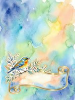 Watercolor bird on branch with golden ribbon banner against soft pastel wash background, suitable for greeting cards, invitations, and decorative design projects.