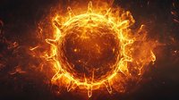 Glowing fiery corona with solar flares and plasma eruptions against dark background, dramatic orange flames and energy waves radiating from burning sphere.
