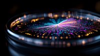 Futuristic digital technology concept with glowing data streams and light rays emanating from central point in circular formation on dark background.