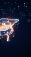 Glowing graduation cap with light trails against starry night sky with constellation patterns for education and achievement concepts.