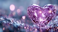 Crystal heart glowing with purple light against blurred bokeh background, romantic mood with sparkling reflections and dreamy atmosphere. Suitable for Valentine designs.