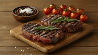 Grilled ribeye steak on wooden cutting board with fresh rosemary, seasoned with salt and pepper, served with cherry tomatoes on rustic wooden table background.
