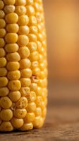 Close-up of golden corn kernels on cob with warm neutral background, suitable for food, agriculture, and cooking content.