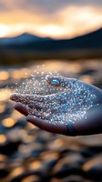 Open palm holding glowing network connections against sunset mountain landscape, symbolizing digital transformation and future technology advancement.