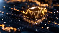 Glowing stock market chart with golden candlestick patterns on digital circuit board, representing financial data analysis and trading trends for investment and business concepts.